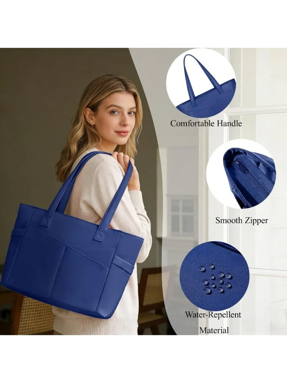 👜Women's Navy Blue Nylon Large Tote Bag With Zipper 15.6 Laptop Sleeve Work Bag